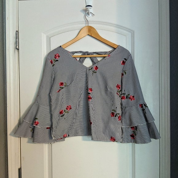 Pinstripe Floral Embroidered Blouse w/ Ruffles - Picture 4 of 5